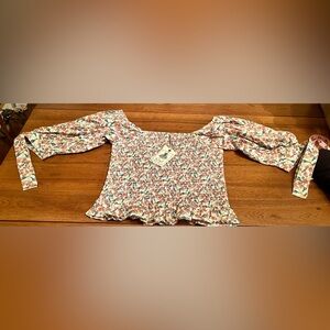 Easel Coral & Green Floral Smocked Off-Shoulder Elastic Stretch Crop Top